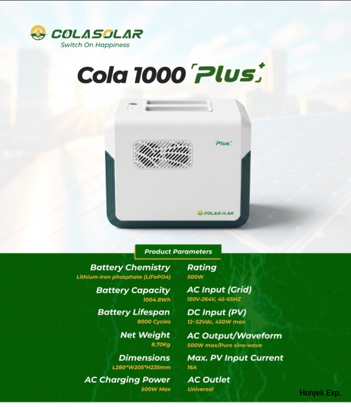 COLA 1000 Plus Solar Generator 1kWh – 500W Portable Power Station with LiFePO4 Battery