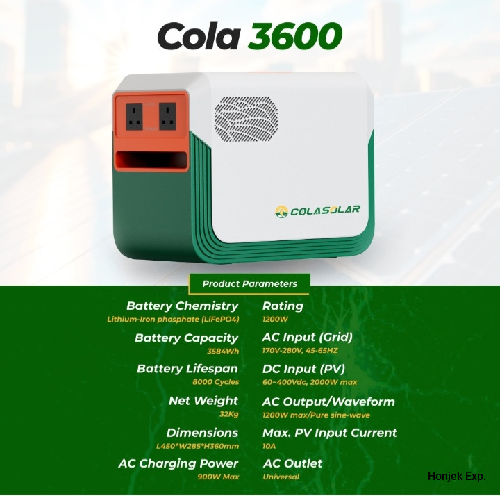 COLA 3600 Portable Solar Generator 3584Wh – 1200W Pure Sine Wave Inverter with LiFePO4 Battery