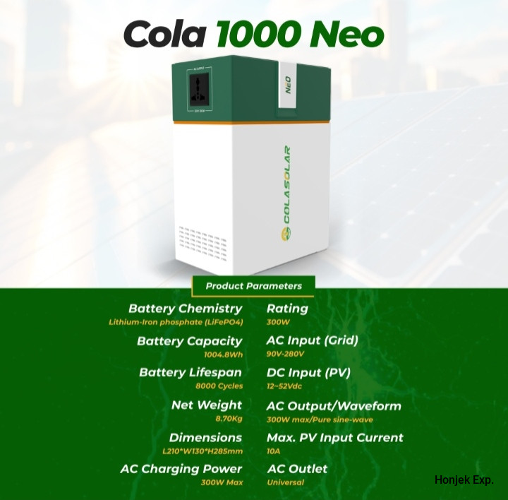 COLA 1000 Neo Solar Generator 1kWh – 300W Portable Power Station with LiFePO4 Battery