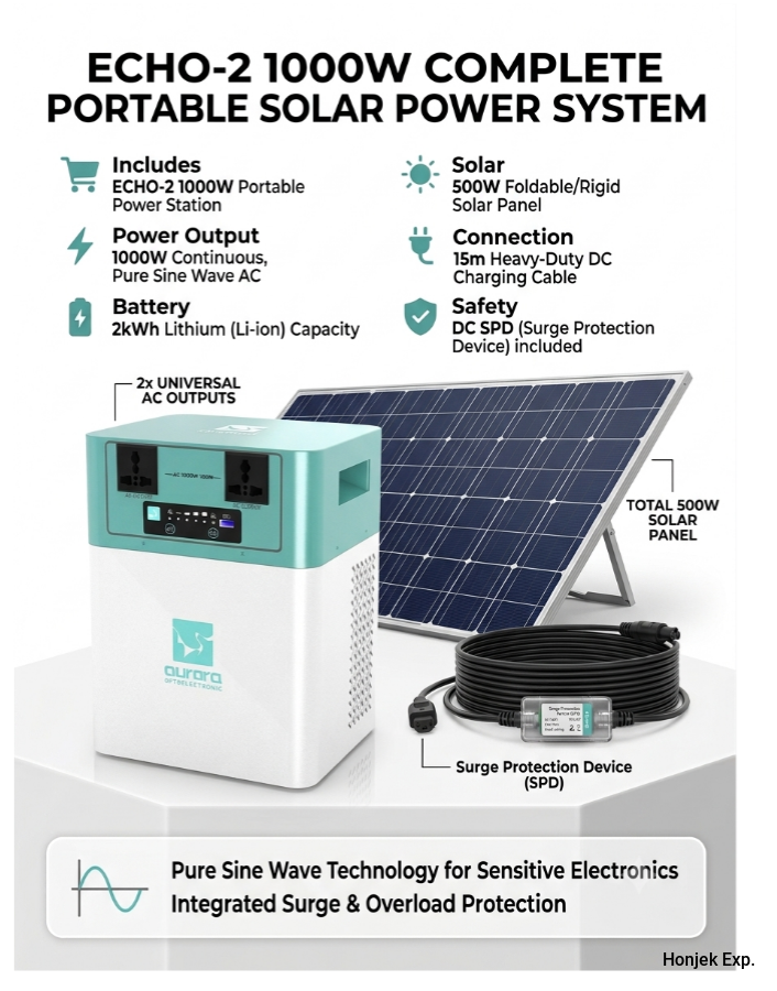 CHO-2 1000W Portable Solar Power Station | 2kWh Lithium Battery | Pure Sine Wave | 500W Solar Panel + 15m DC Cable + SPD